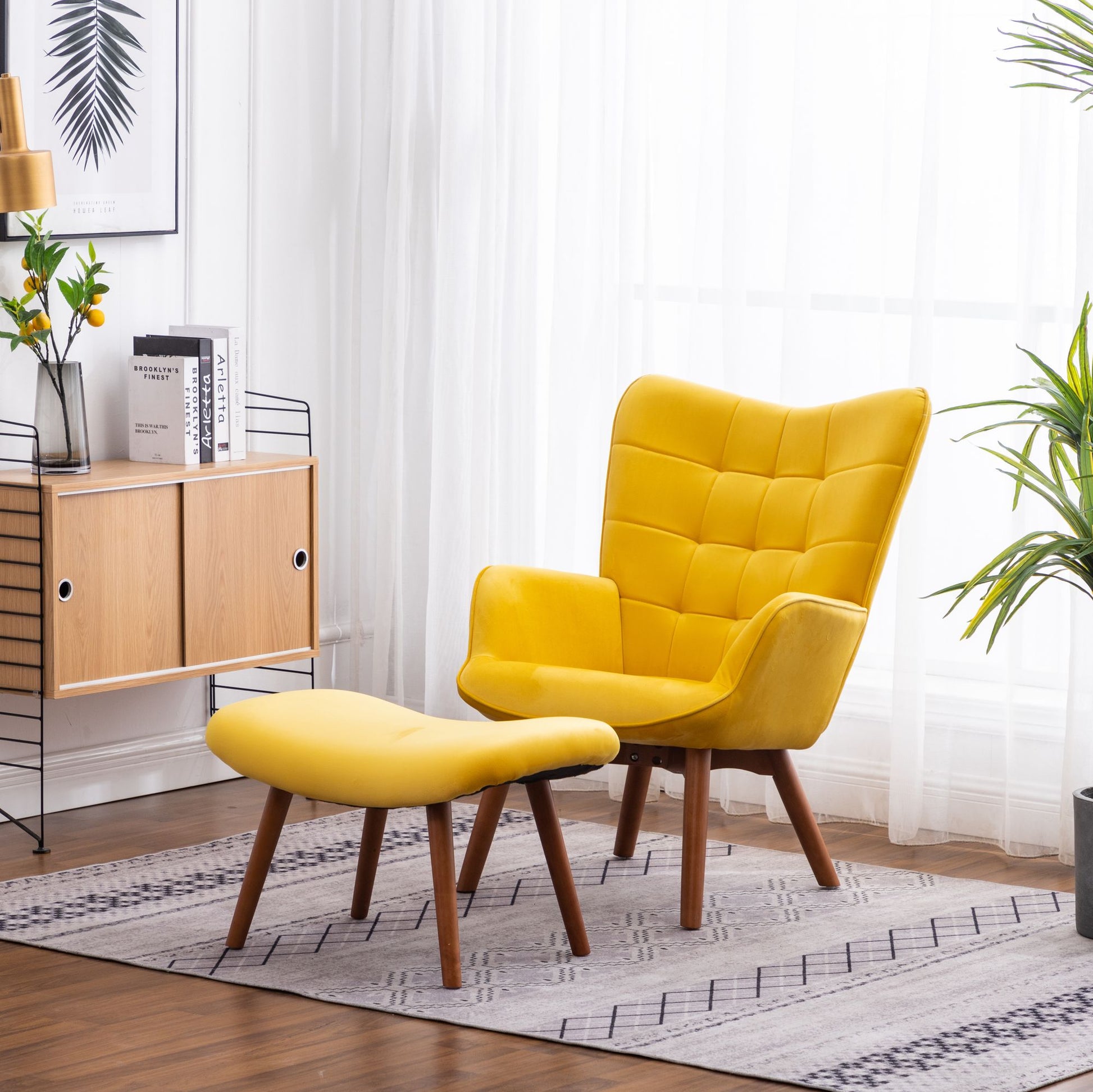 Leiria Contemporary Silky Velvet Tufted Accent Chair with Ottoman, Yellow image 1