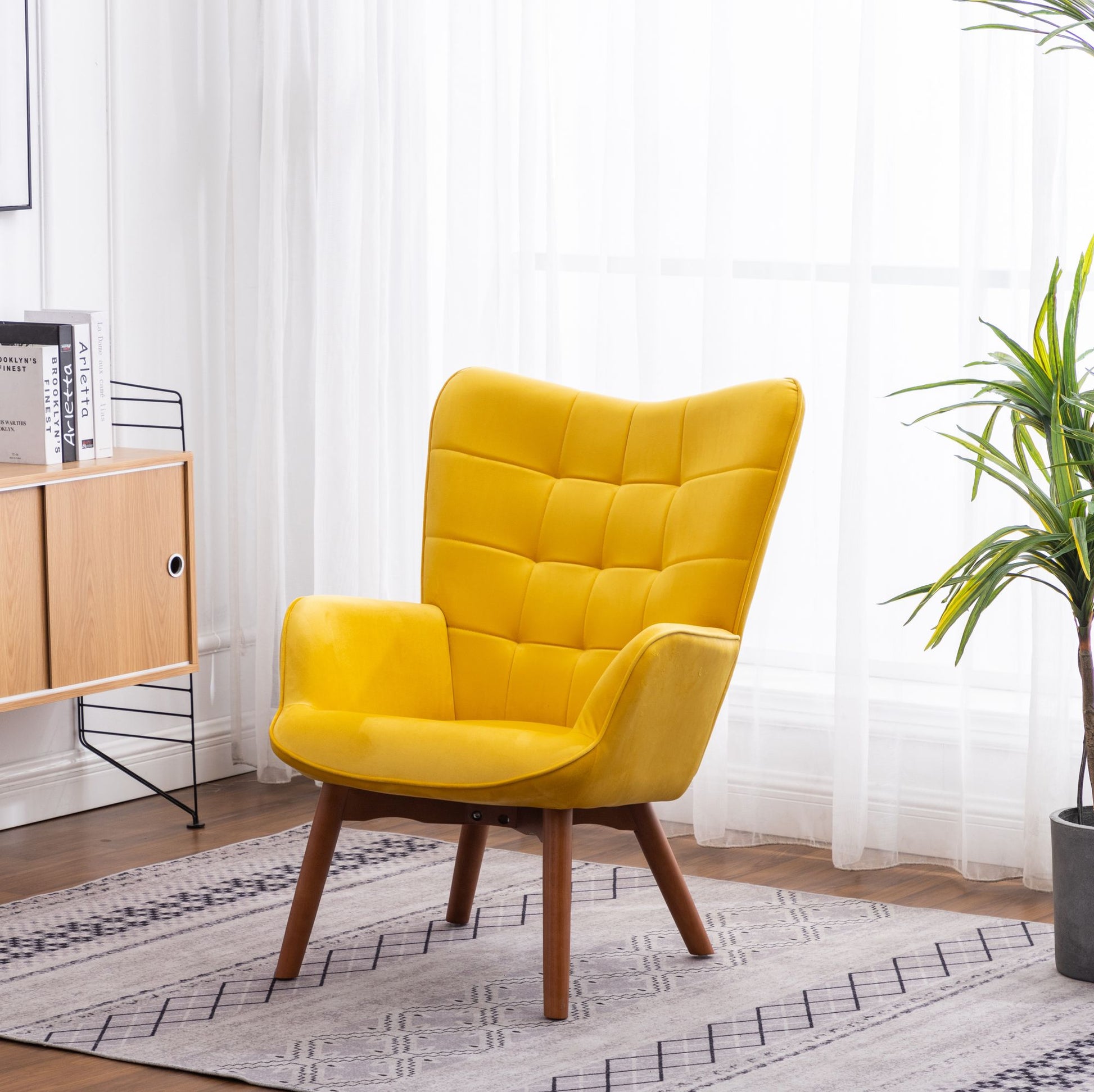 Leiria Contemporary Silky Velvet Tufted Accent Chair with Ottoman, Yellow image 3