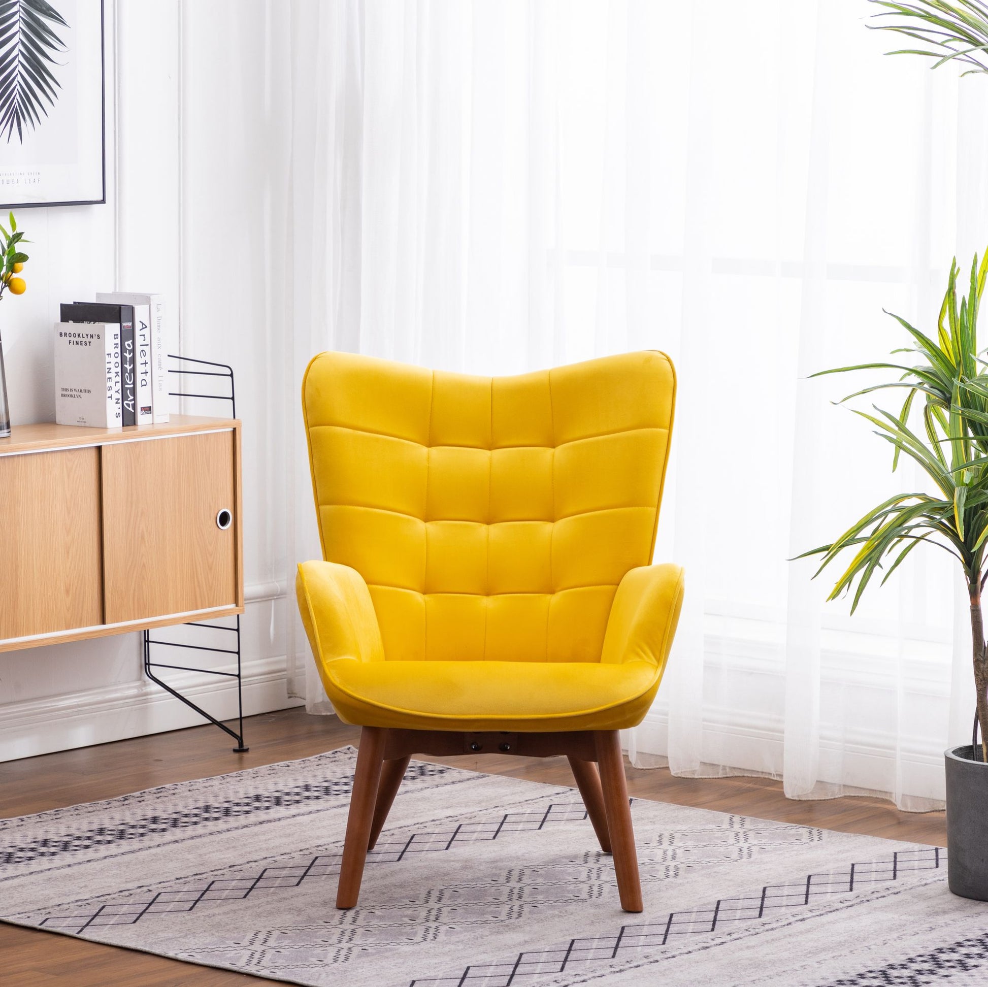 Leiria Contemporary Silky Velvet Tufted Accent Chair with Ottoman, Yellow image 4