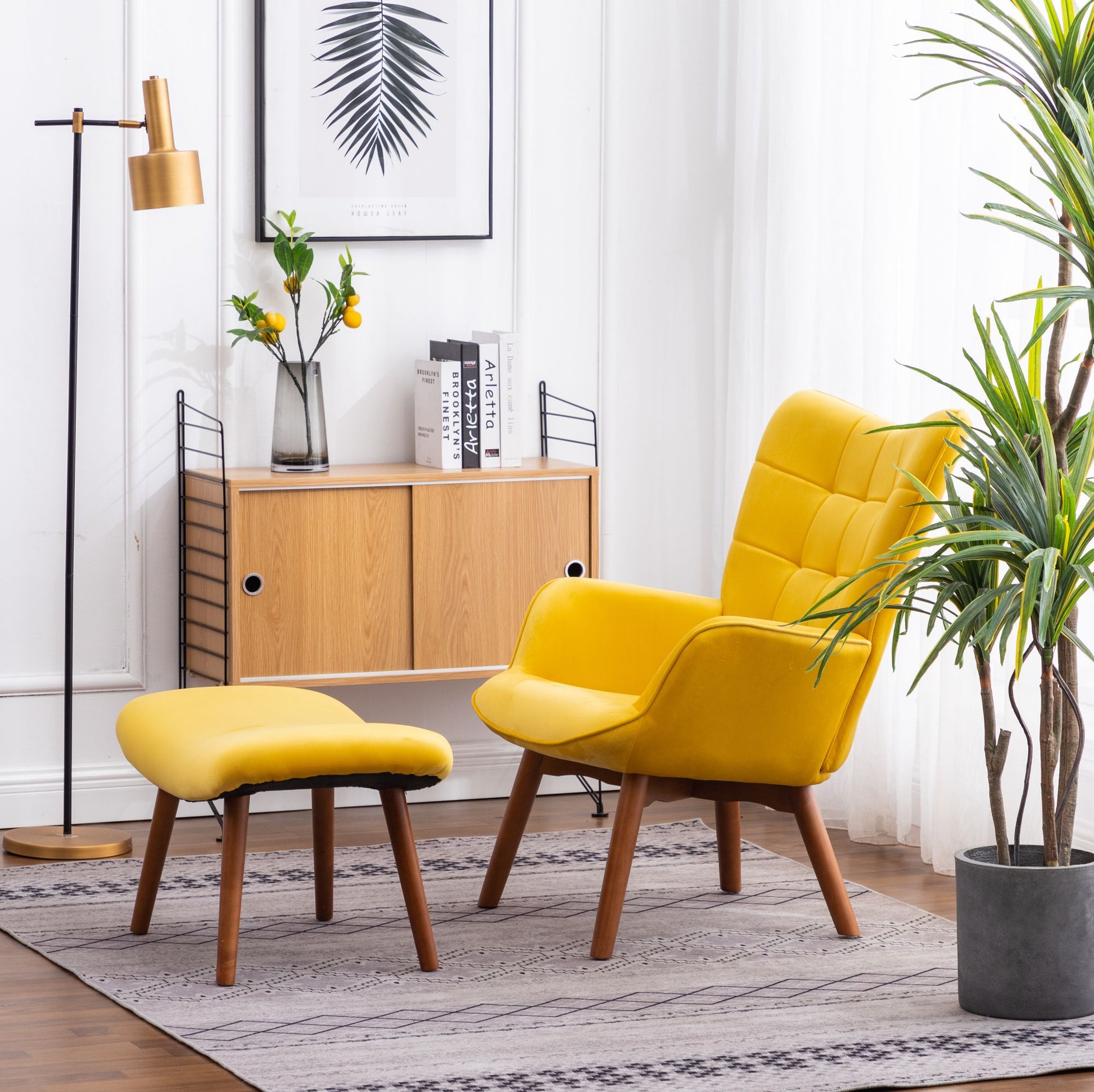 Leiria Contemporary Silky Velvet Tufted Accent Chair with Ottoman, Yellow image 2