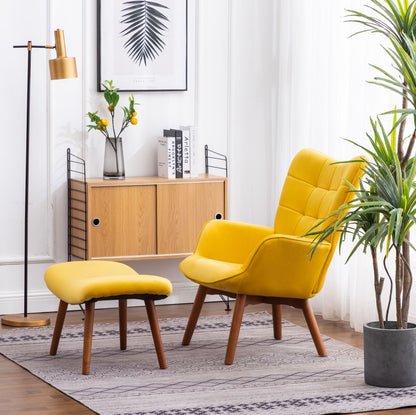 Leiria Contemporary Silky Velvet Tufted Accent Chair with Ottoman, Yellow image 2