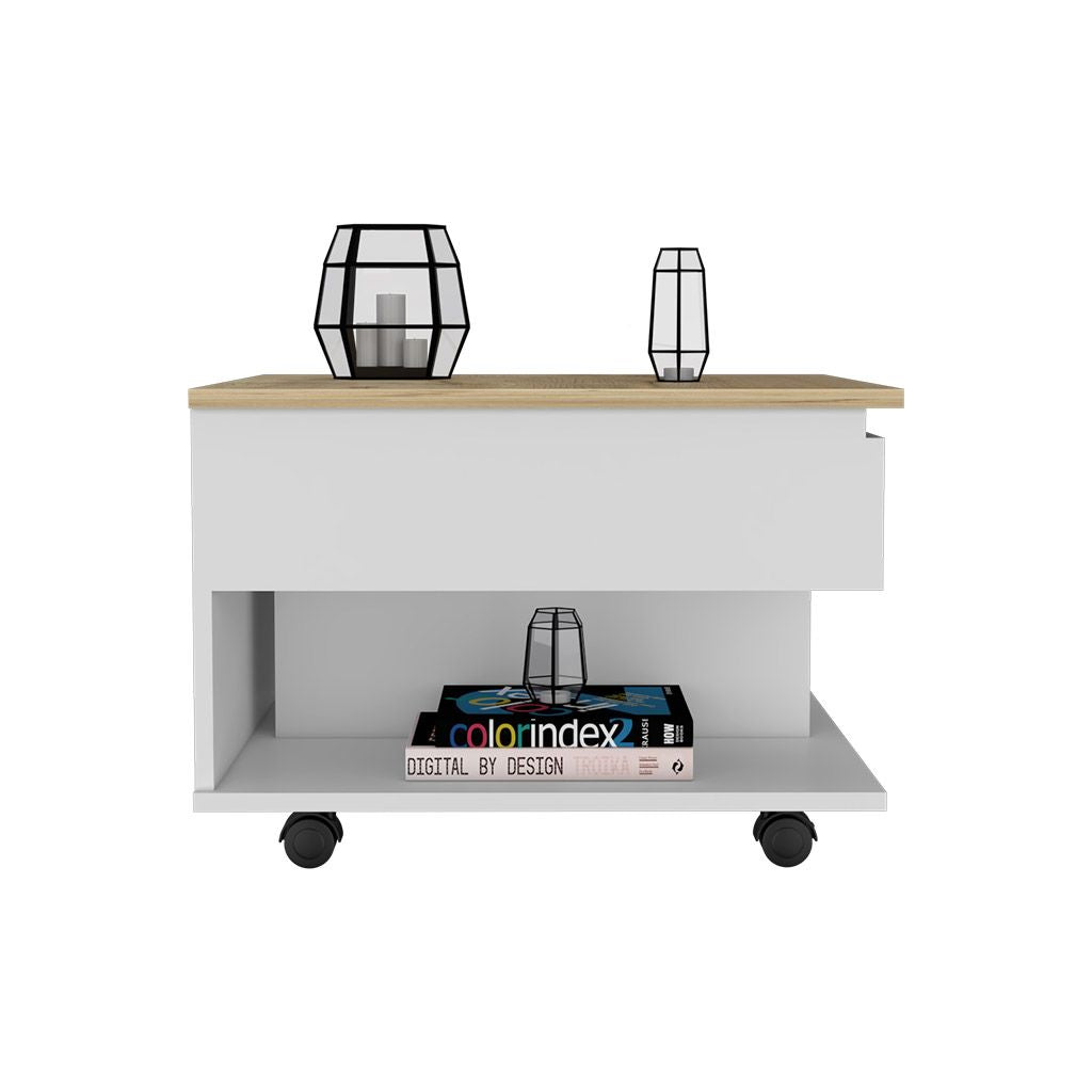 Lift Top Coffee Table, Casters, One Shelf, White / Light Oak image 3
