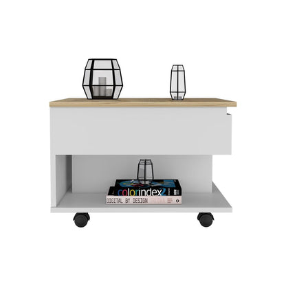 Lift Top Coffee Table, Casters, One Shelf, White / Light Oak image 3