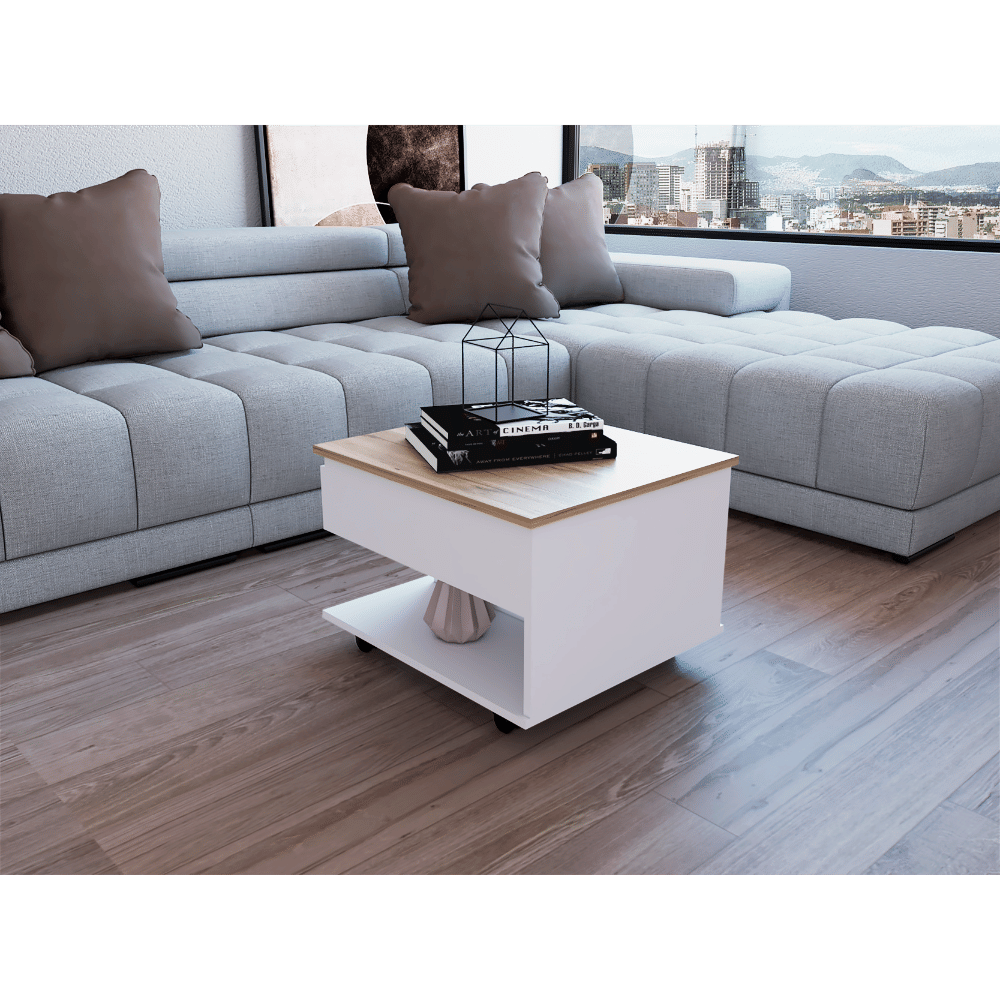 Lift Top Coffee Table, Casters, One Shelf, White / Light Oak image 1