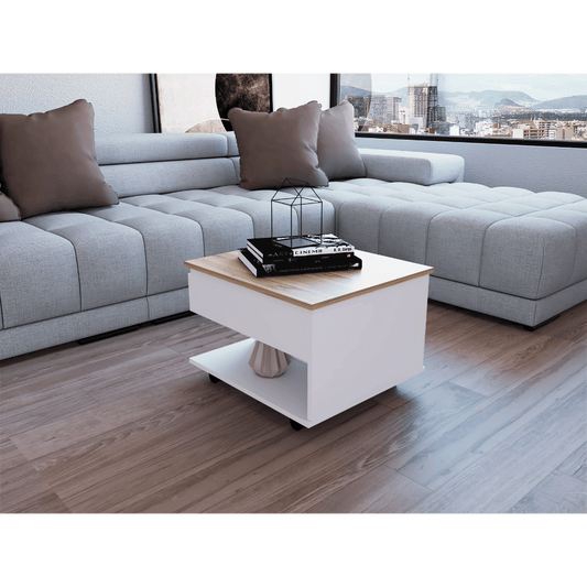 Lift Top Coffee Table, Casters, One Shelf, White / Light Oak image 1