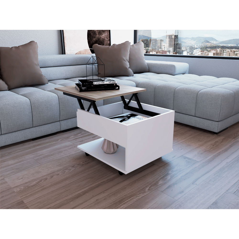Lift Top Coffee Table, Casters, One Shelf, White / Light Oak image 2
