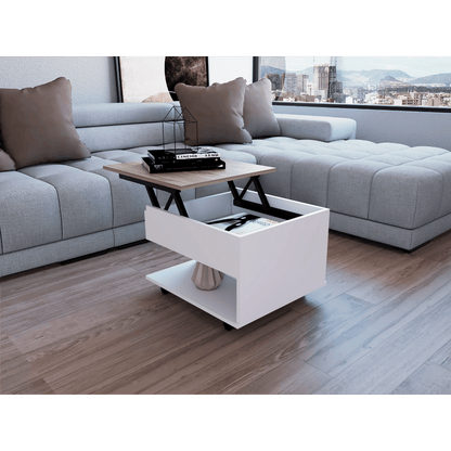 Lift Top Coffee Table, Casters, One Shelf, White / Light Oak image 2