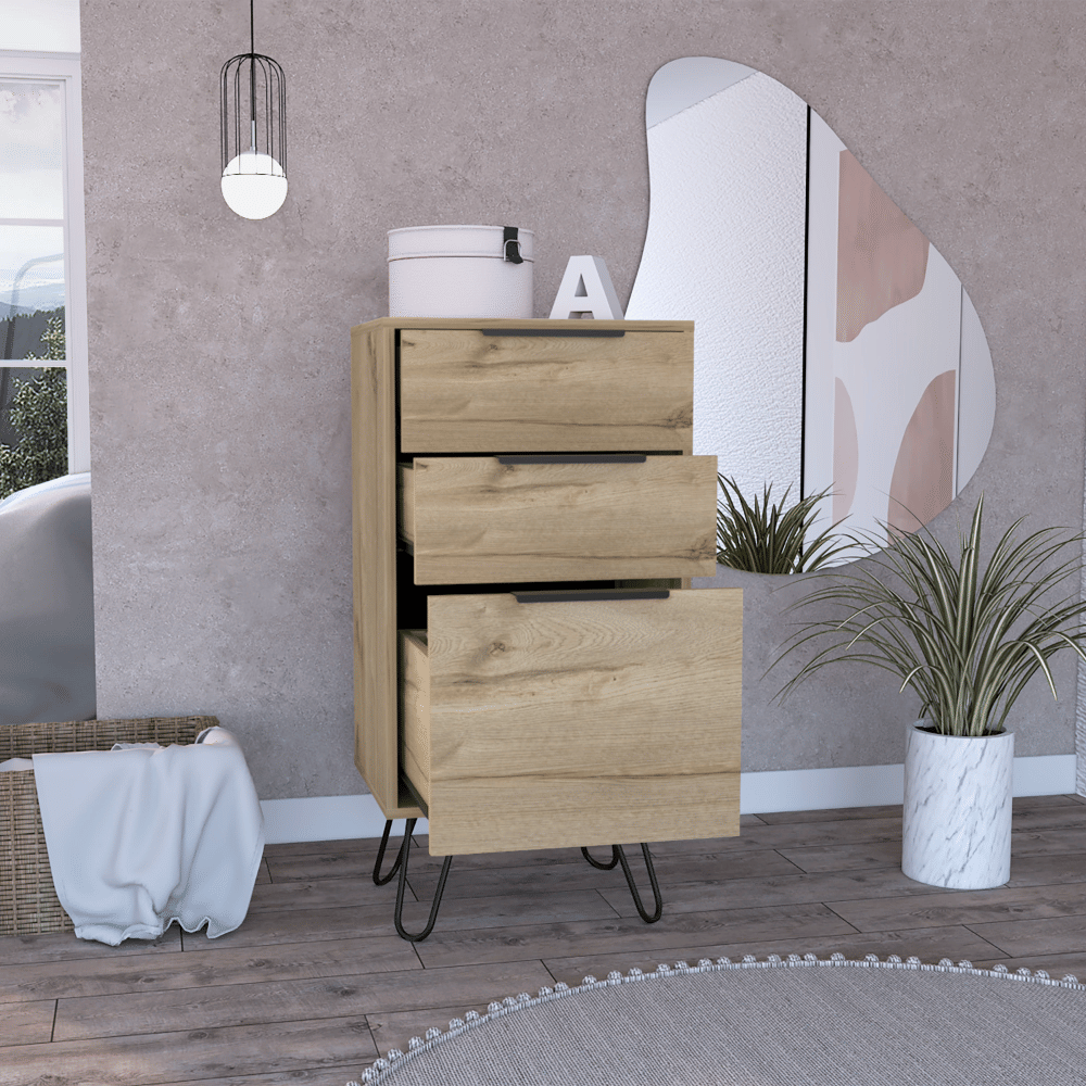 Light Dresser 35"H, 17"W, Superior Top,Three Drawers, Hairpin Legs, Light Oak image 2