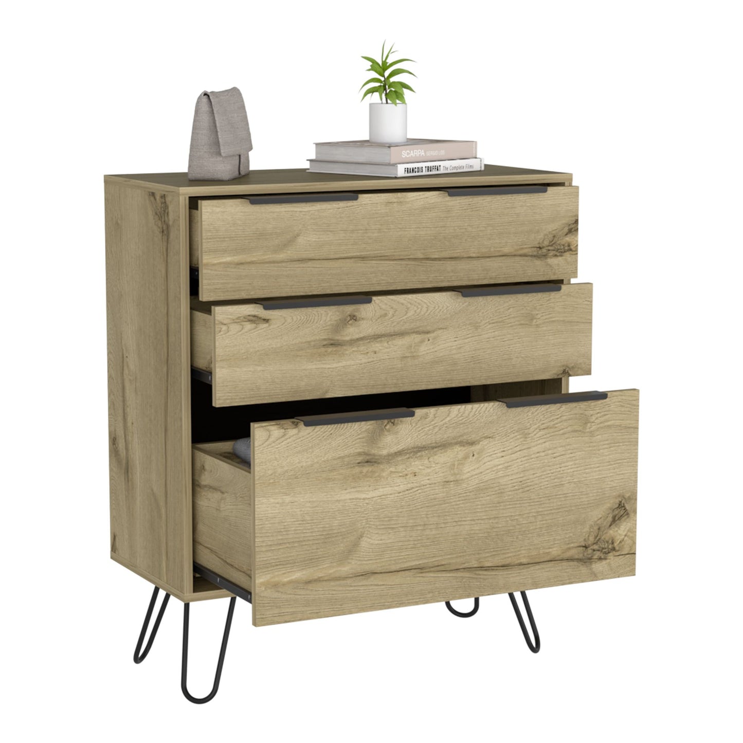 Light Dresser 35"H, Three Drawers, Superior Top, Hairpin Legs, Light Oak image 4