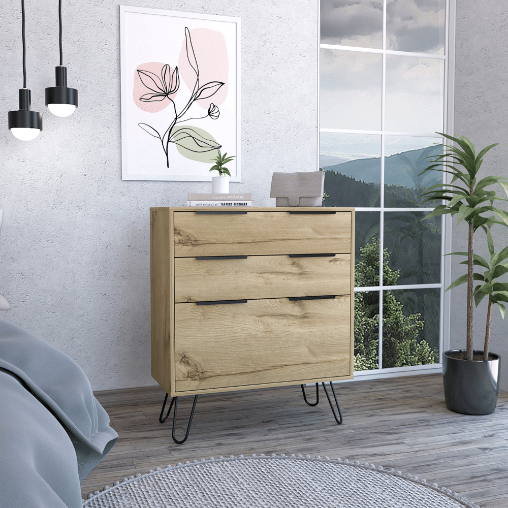 Light Dresser 35"H, Three Drawers, Superior Top, Hairpin Legs, Light Oak image 1