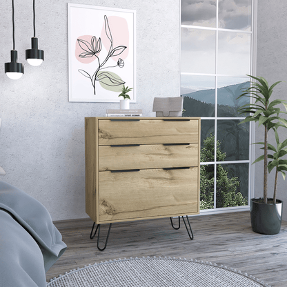 Light Dresser 35"H, Three Drawers, Superior Top, Hairpin Legs, Light Oak image 1