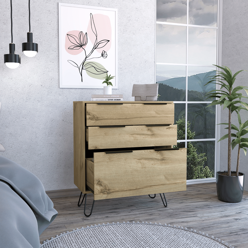 Light Dresser 35"H, Three Drawers, Superior Top, Hairpin Legs, Light Oak image 2