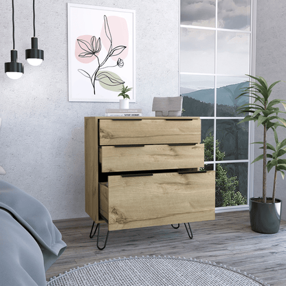 Light Dresser 35"H, Three Drawers, Superior Top, Hairpin Legs, Light Oak image 2