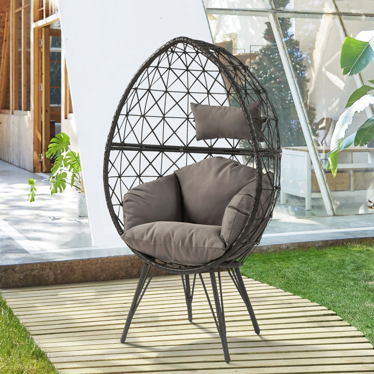 Light Grey and Black Patio Chair with Upholstered Cushion image 1