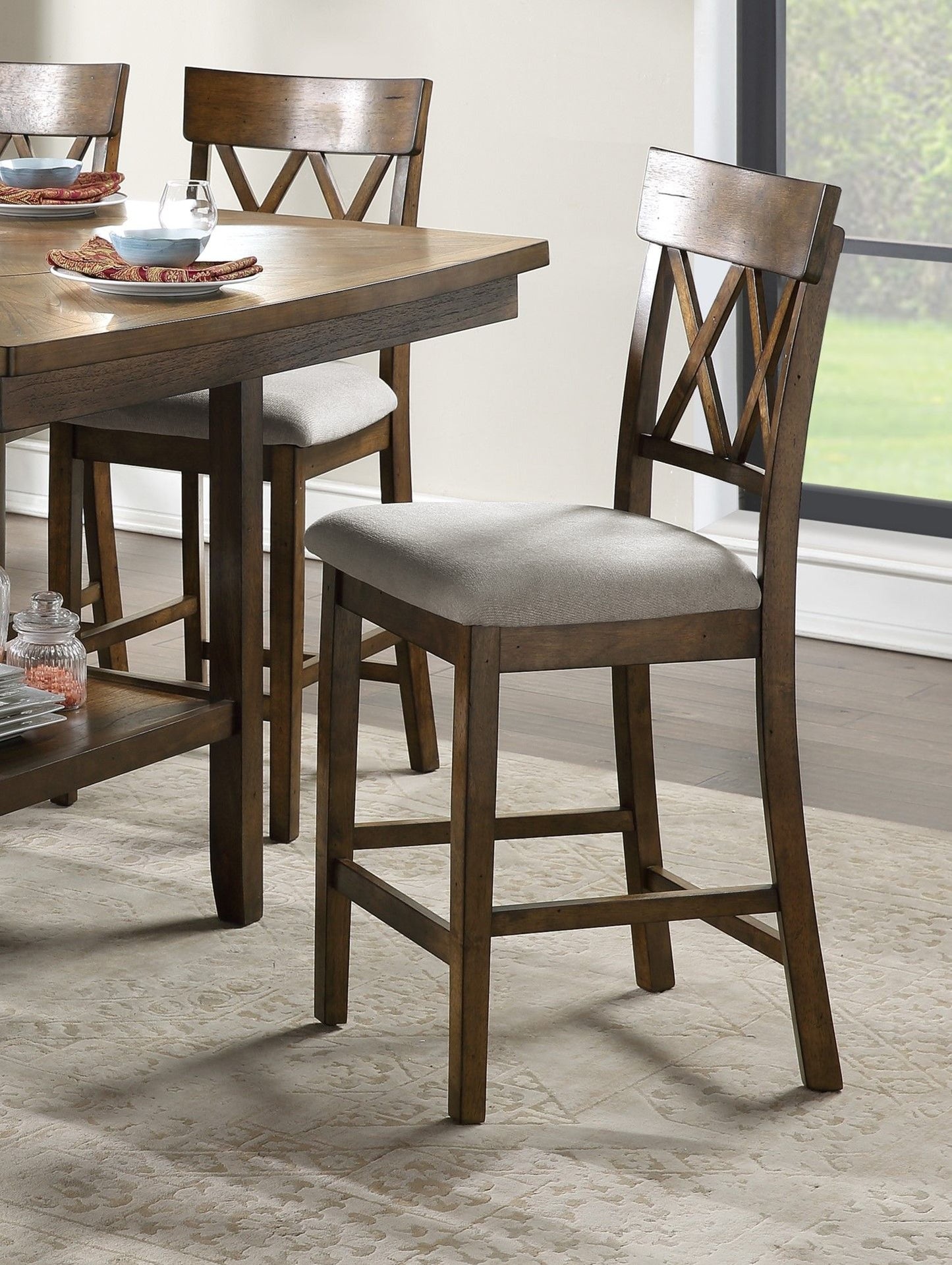Light Oak Finish Counter Height Chairs Set of 2 Padded Seat Double Cross Back Wooden Kitchen Dining Funiture image 3