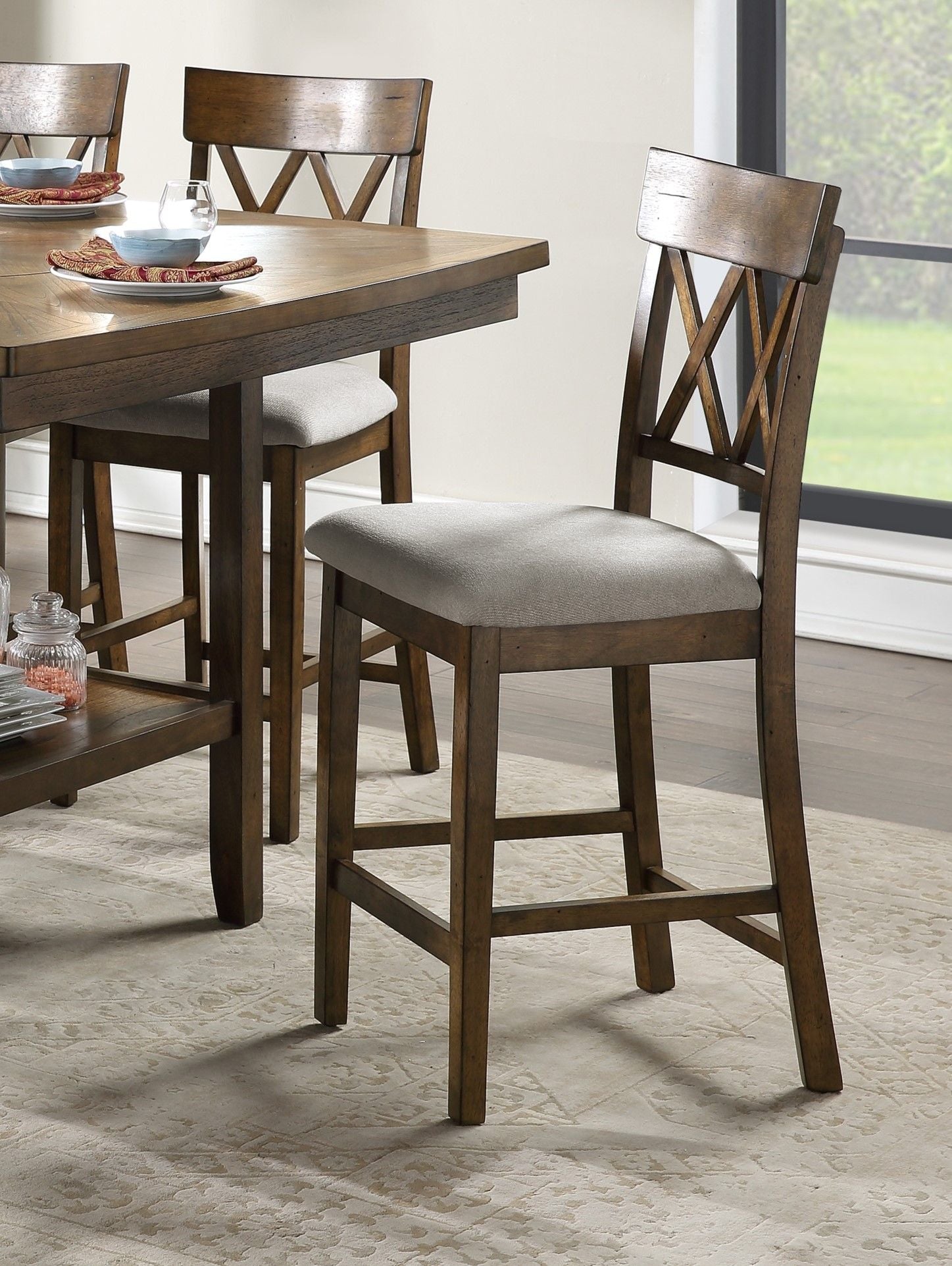 Light Oak Finish Counter Height Chairs Set of 2 Padded Seat Double Cross Back Wooden Kitchen Dining Funiture image 3