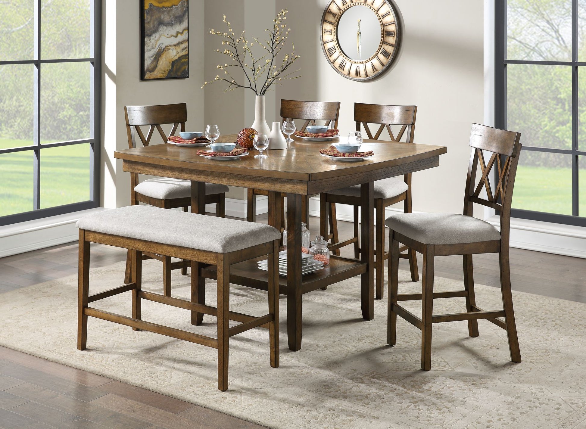 Light Oak Finish Counter Height Chairs Set of 2 Padded Seat Double Cross Back Wooden Kitchen Dining Funiture image 4