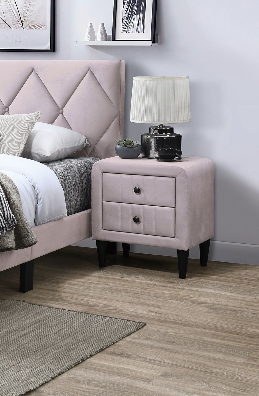 Light Pink Color Velvet Gorgeous 1pc Nightstand Bedside Table 2x Drawers Bedroom Furniture Sleek Design Tempered Legs image 1