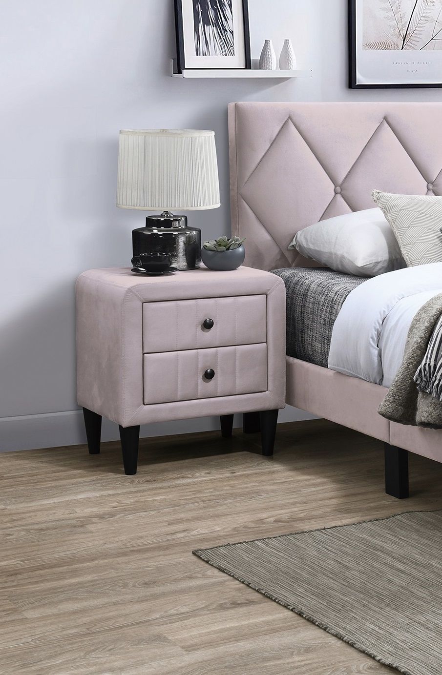 Light Pink Color Velvet Gorgeous 1pc Nightstand Bedside Table 2x Drawers Bedroom Furniture Sleek Design Tempered Legs image 3