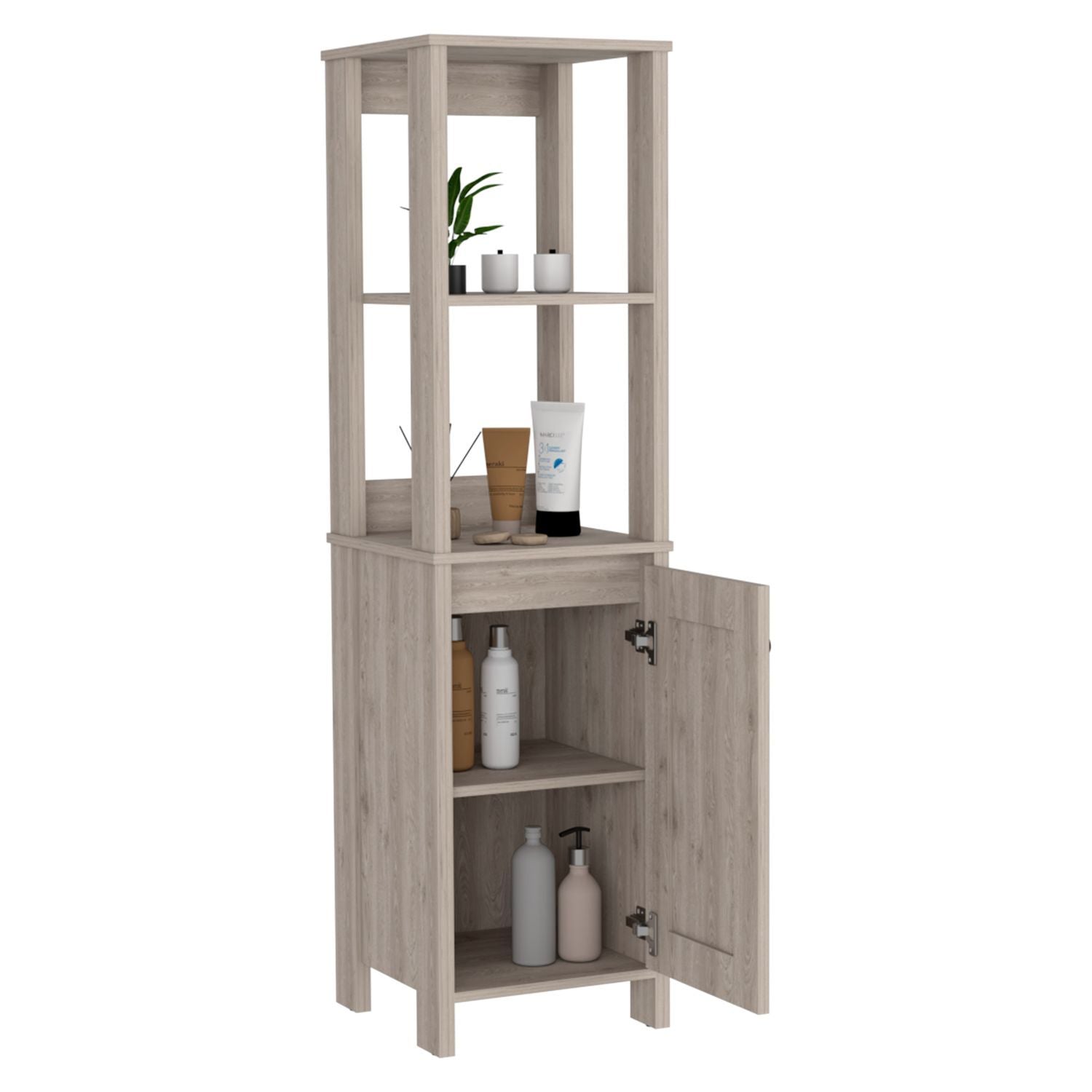 Linen Single Door Cabinet 59" H, Two Interior Shelves, Two Open Shelves, Light Gray image 7