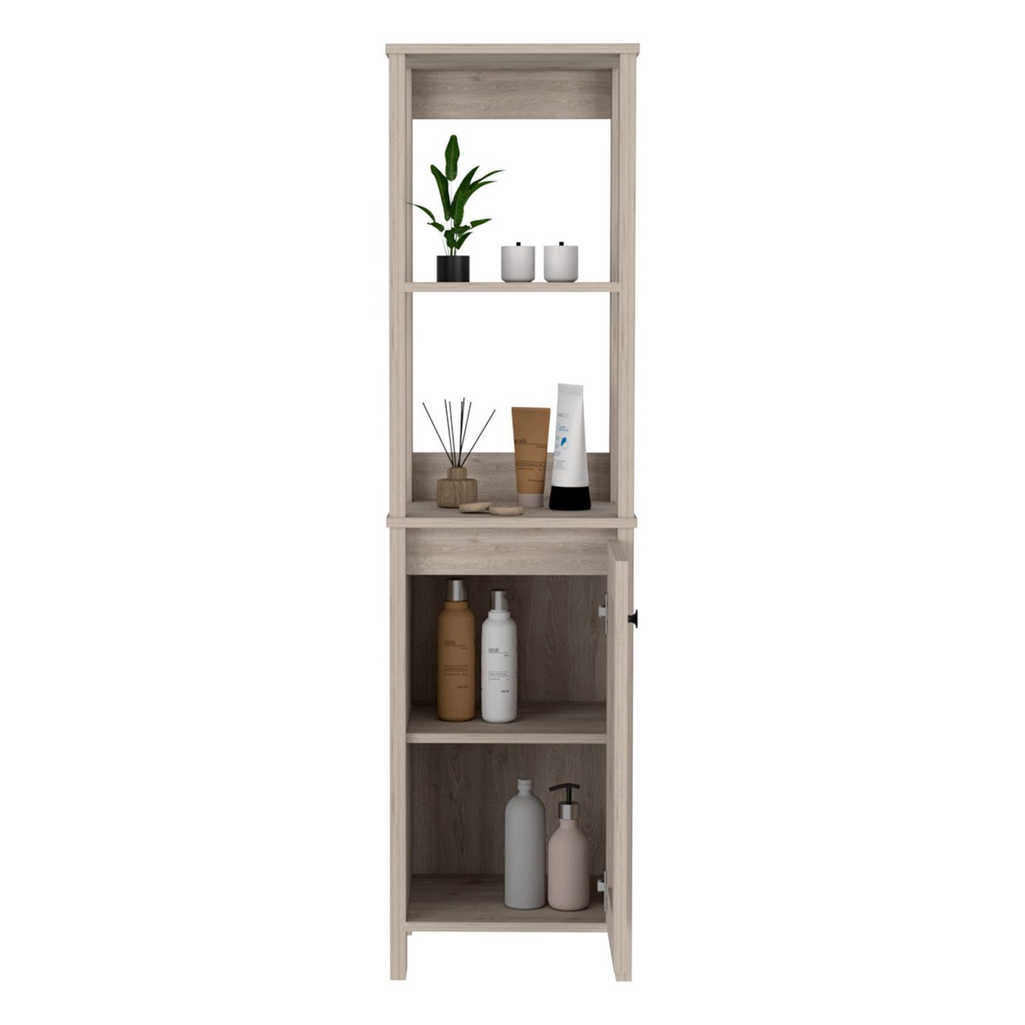 Linen Single Door Cabinet 59" H, Two Interior Shelves, Two Open Shelves, Light Gray image 4