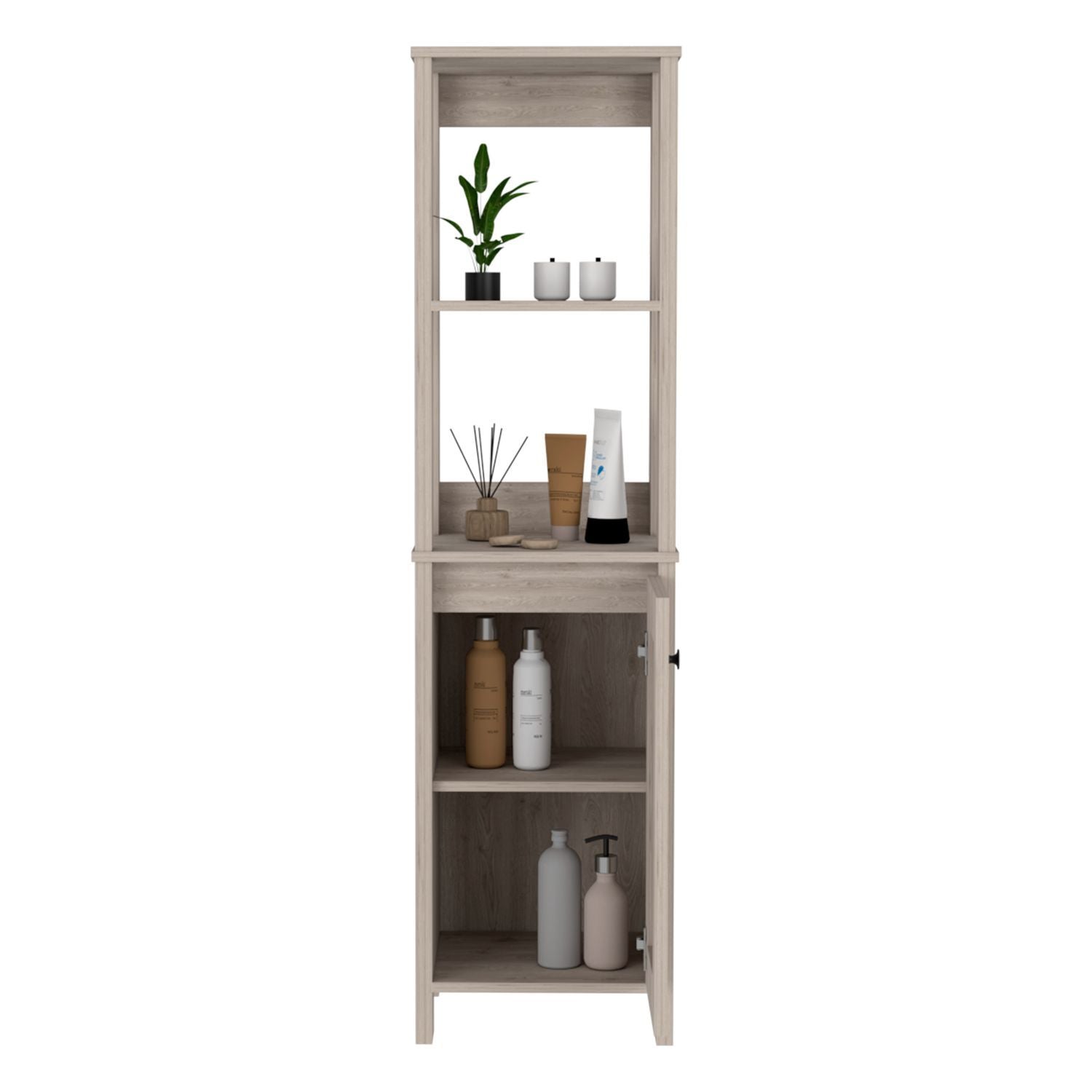 Linen Single Door Cabinet 59" H, Two Interior Shelves, Two Open Shelves, Light Gray image 4
