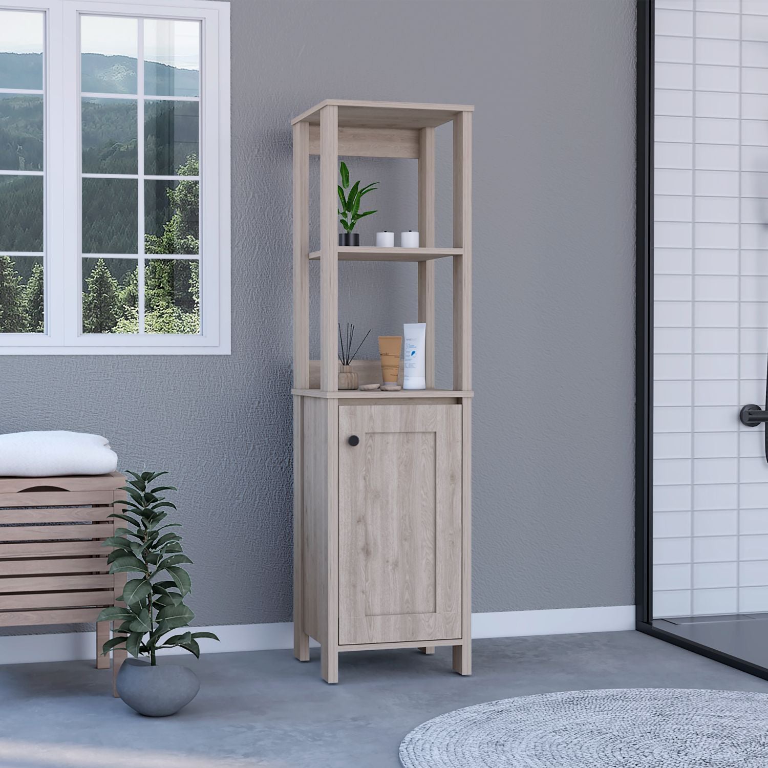 Linen Single Door Cabinet 59" H, Two Interior Shelves, Two Open Shelves, Light Gray image 1