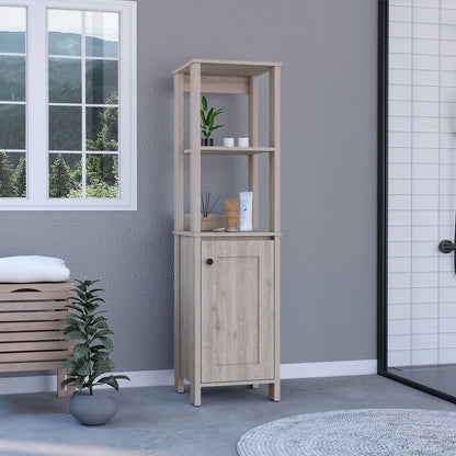 Linen Single Door Cabinet 59" H, Two Interior Shelves, Two Open Shelves, Light Gray image 1