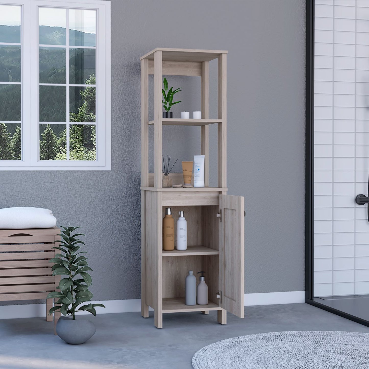 Linen Single Door Cabinet 59" H, Two Interior Shelves, Two Open Shelves, Light Gray image 2