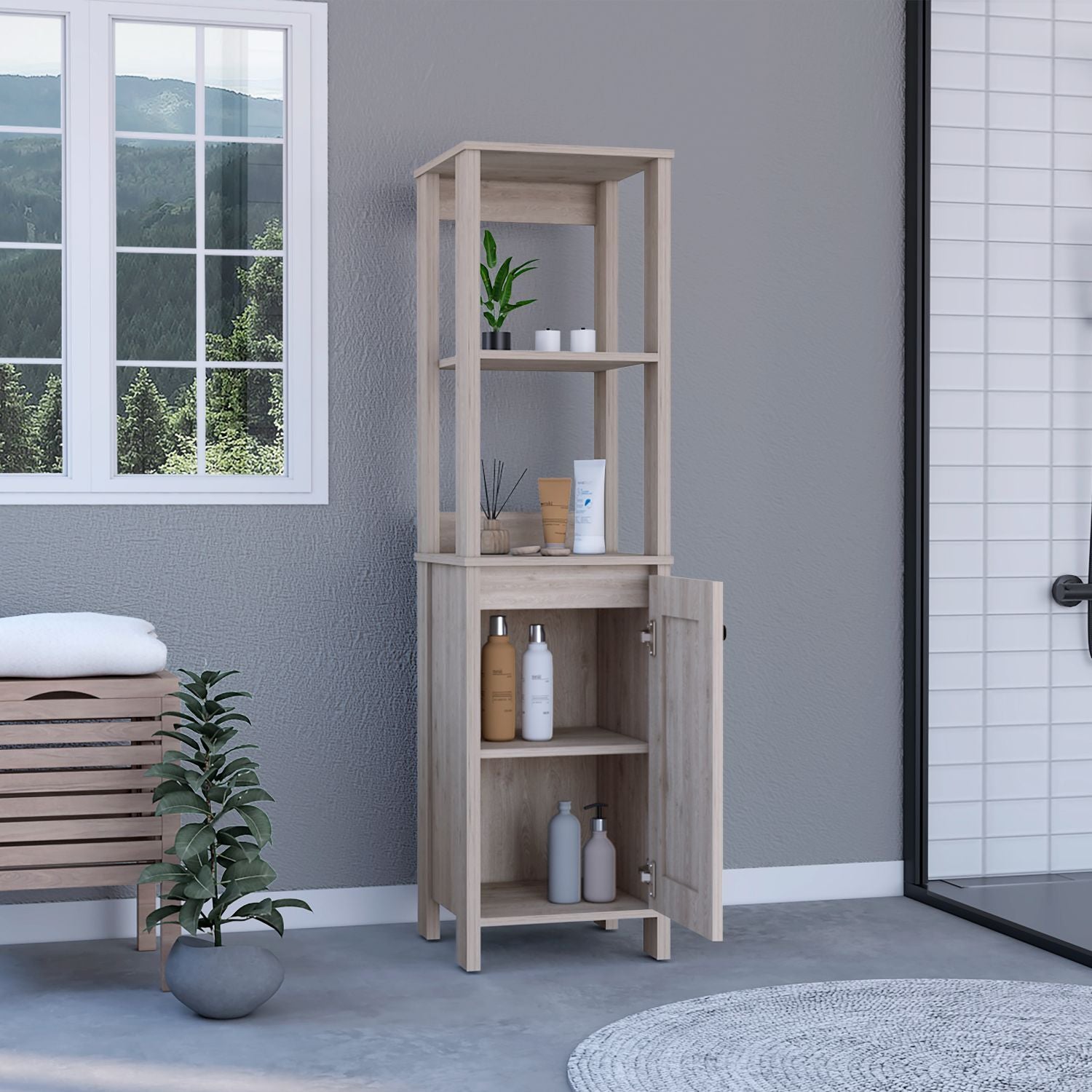 Linen Single Door Cabinet 59" H, Two Interior Shelves, Two Open Shelves, Light Gray image 2