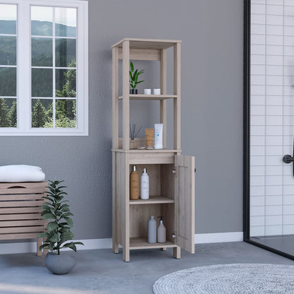 Linen Single Door Cabinet 59" H, Two Interior Shelves, Two Open Shelves, Light Gray image 2
