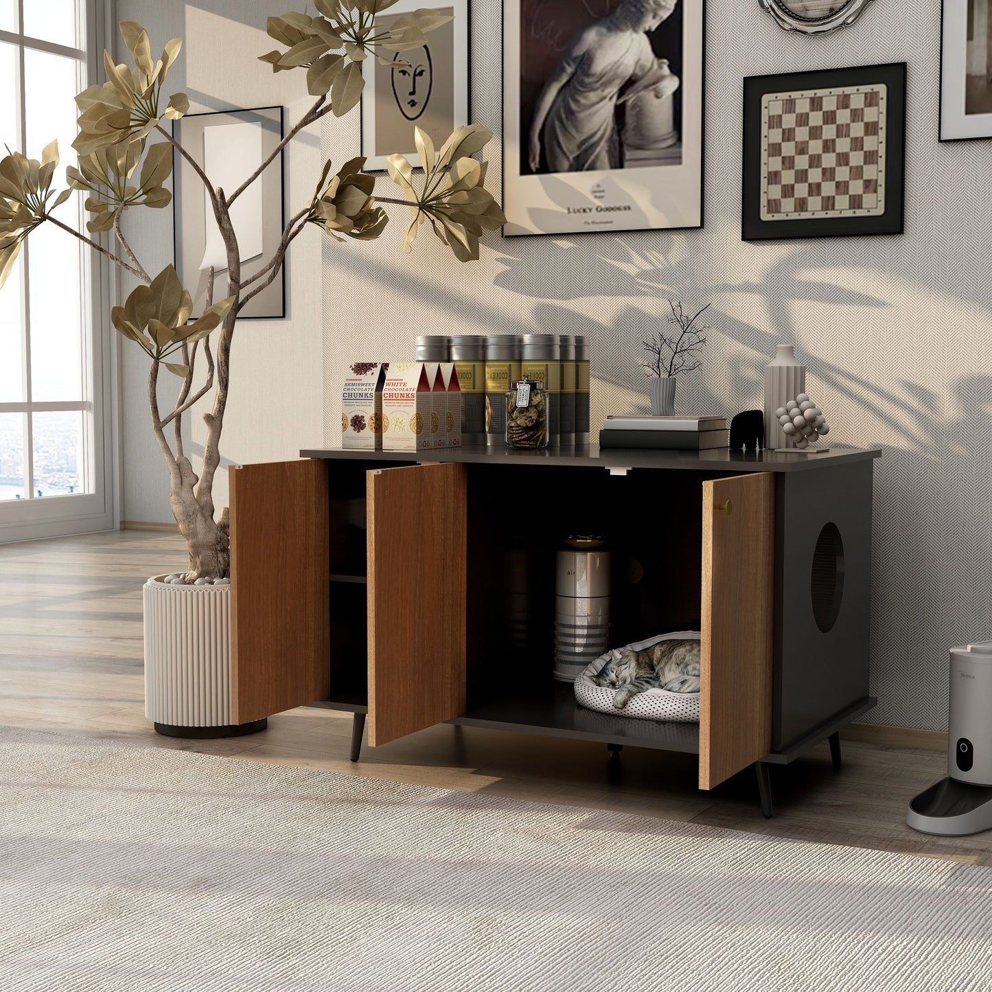 Litter Box Enclosure, Cat Litter Box Furniture with Hidden Plug, 3 Doors,Indoor Cat Washroom Storage Bench Side Table Ca image 2