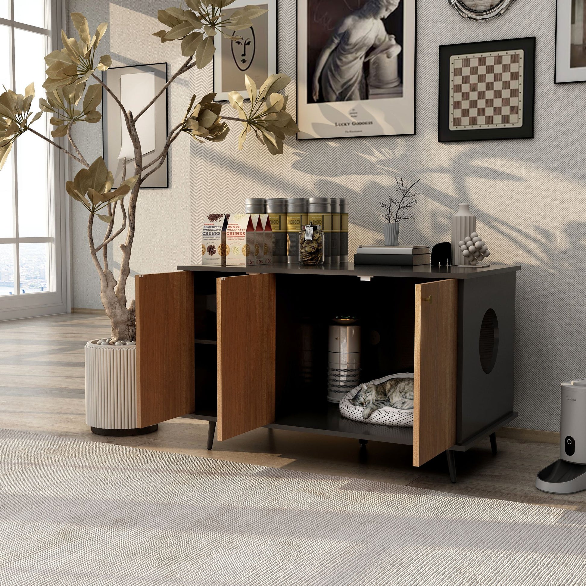 Litter Box Enclosure, Cat Litter Box Furniture with Hidden Plug, 3 Doors,Indoor Cat Washroom Storage Bench Side Table Ca image 2