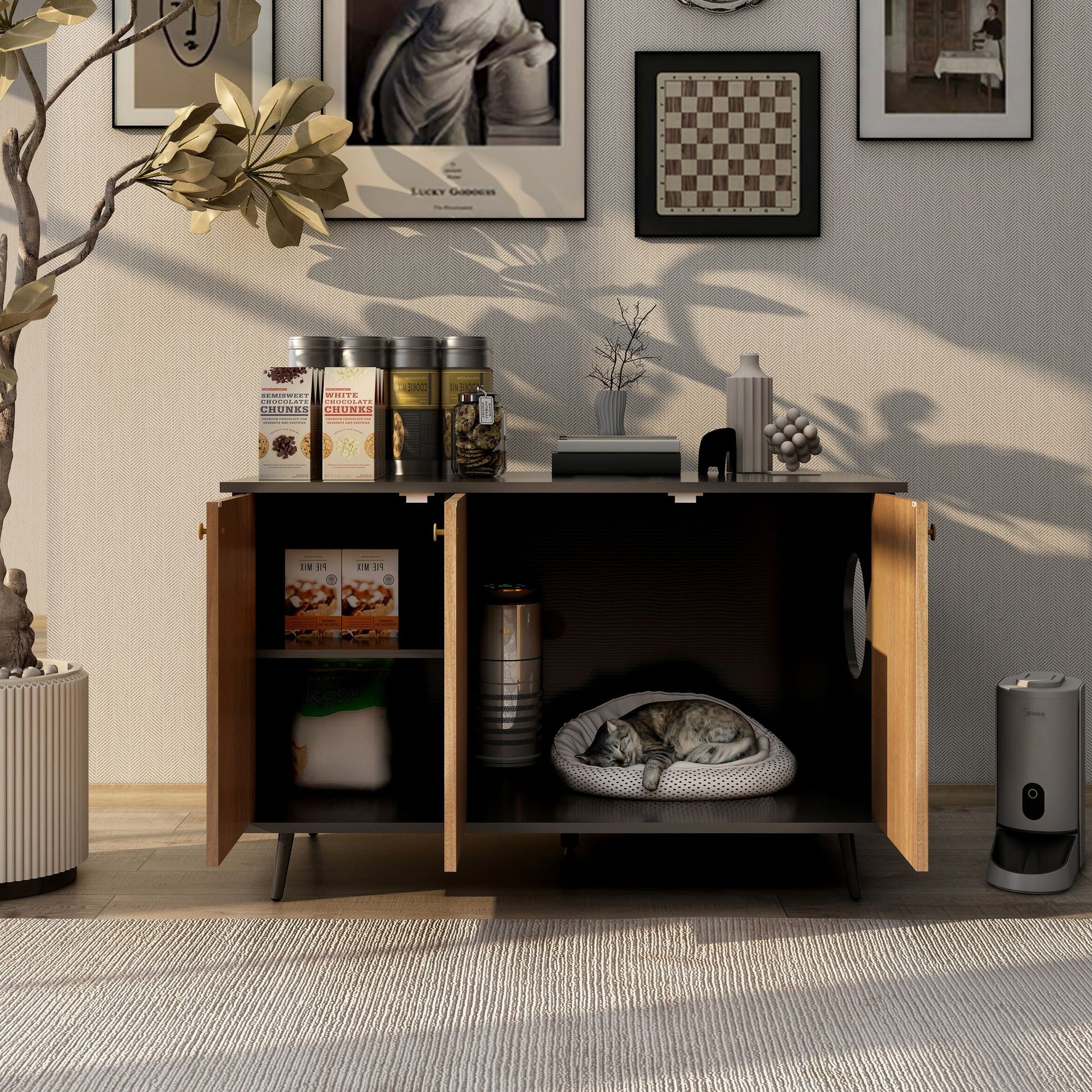 Litter Box Enclosure, Cat Litter Box Furniture with Hidden Plug, 3 Doors,Indoor Cat Washroom Storage Bench Side Table Ca image 1