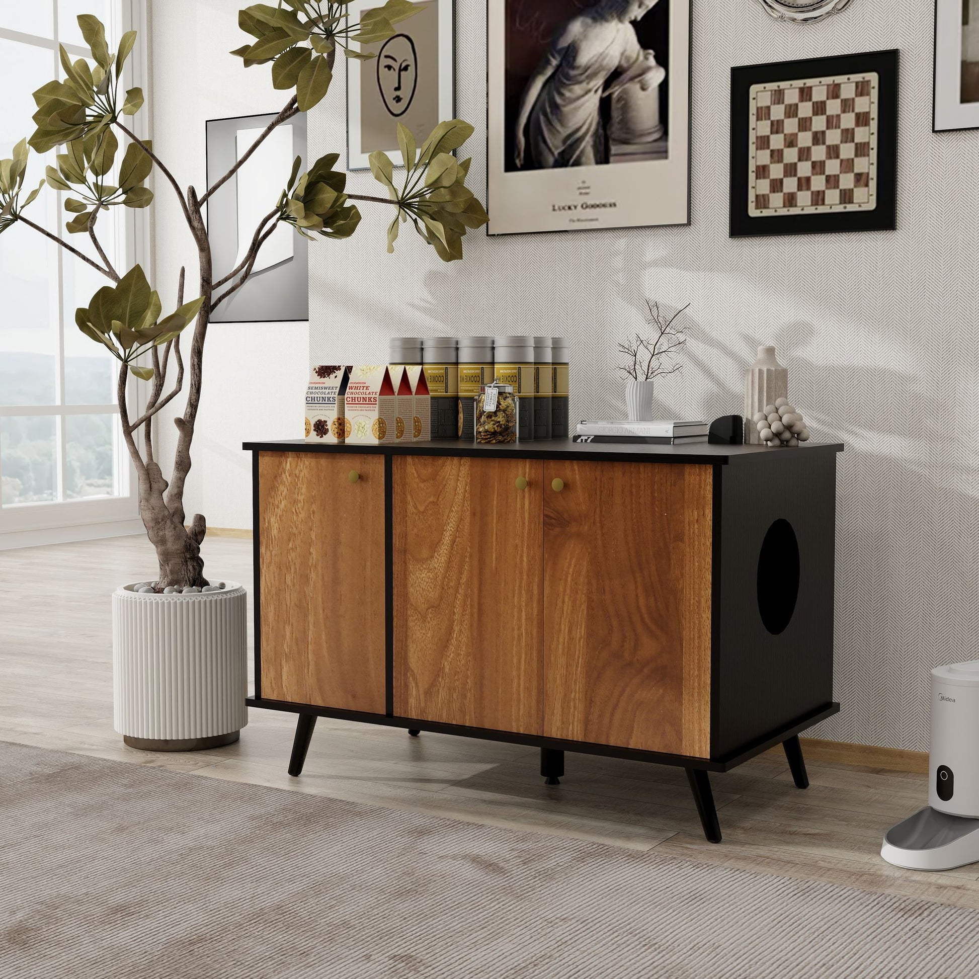 Litter Box Enclosure, Cat Litter Box Furniture with Hidden Plug, 3 Doors,Indoor Cat Washroom Storage Bench Side Table Ca image 4