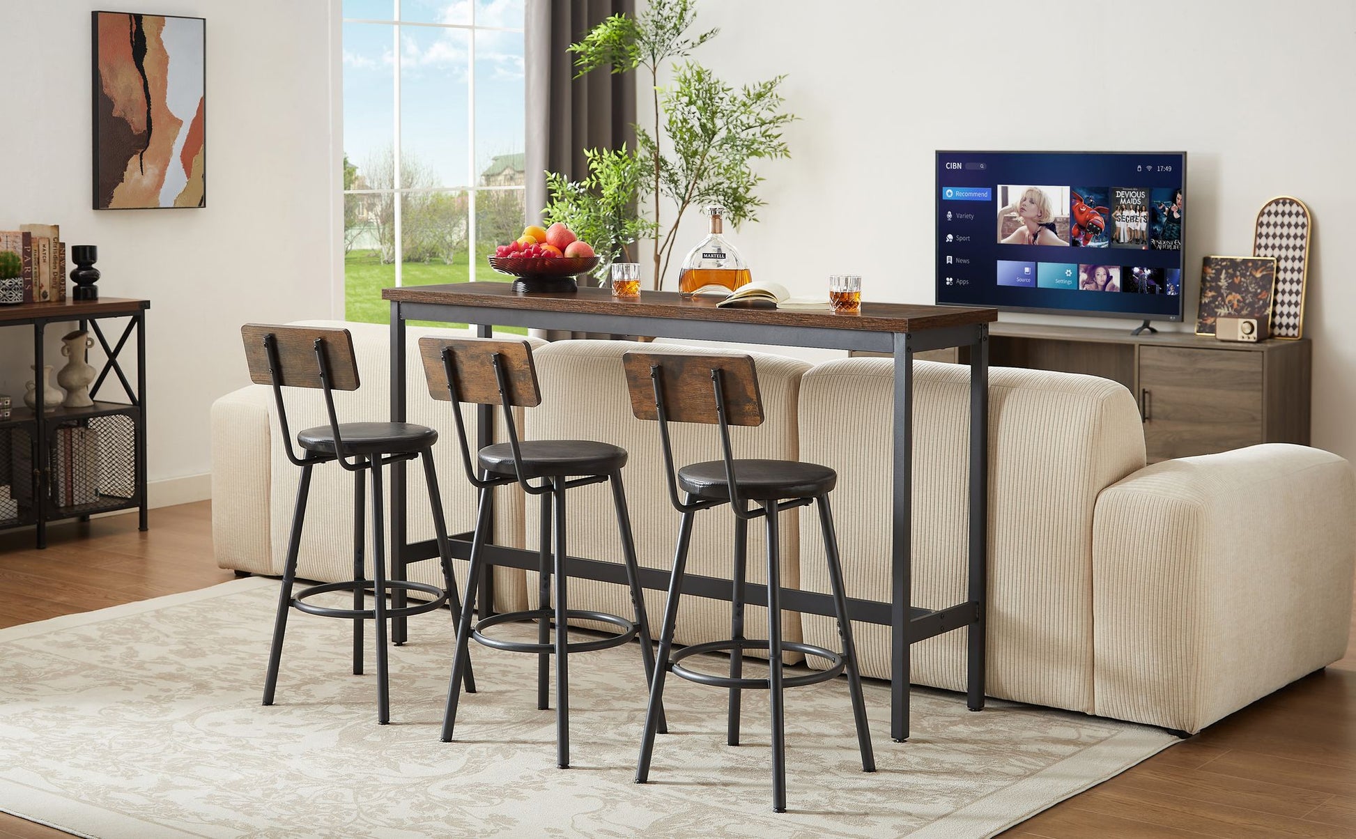 Long Bar Table Set with 3 PU Upholstered Bar Stools, Industrial Bar Table and Chairs for Kitchen Breakfast Table, Living image 3