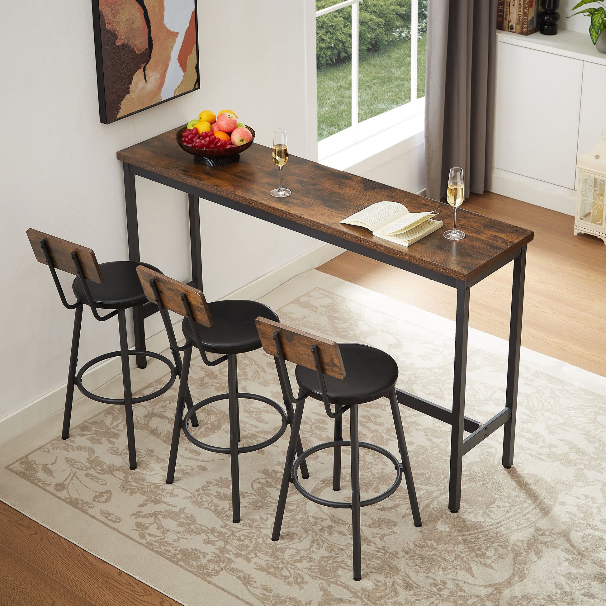 Long Bar Table Set with 3 PU Upholstered Bar Stools, Industrial Bar Table and Chairs for Kitchen Breakfast Table, Living image 2