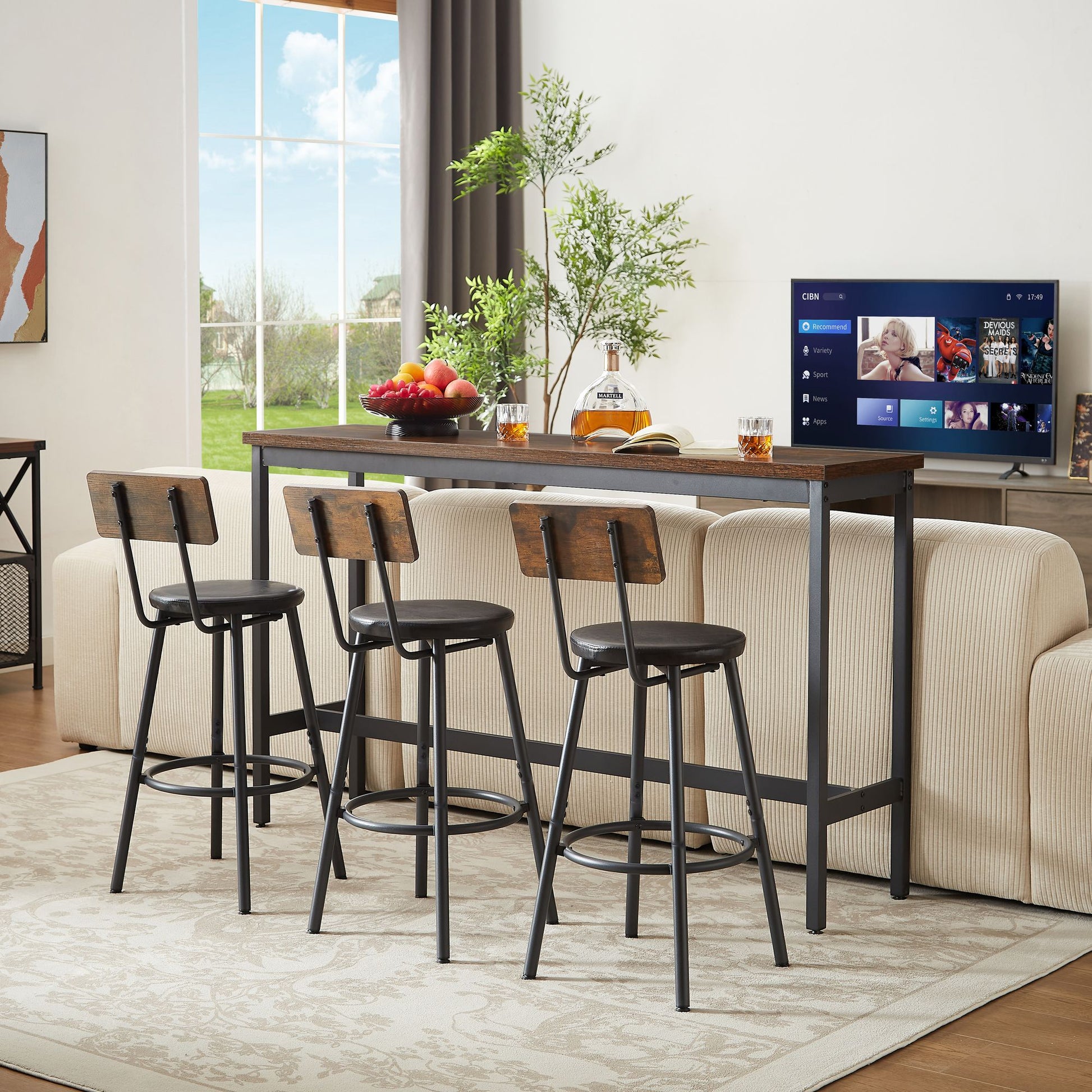 Long Bar Table Set with 3 PU Upholstered Bar Stools, Industrial Bar Table and Chairs for Kitchen Breakfast Table, Living image 1