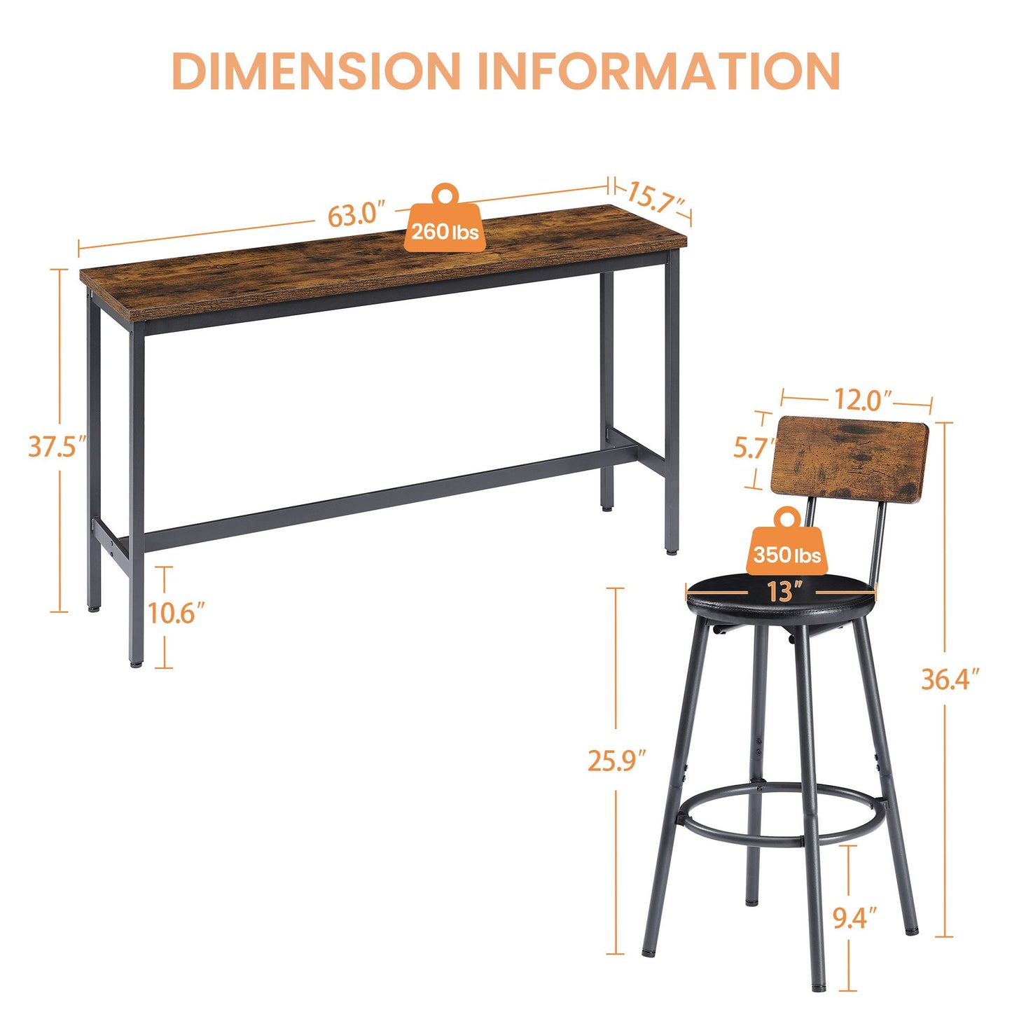 Long Bar Table Set with 3 PU Upholstered Bar Stools, Industrial Bar Table and Chairs for Kitchen Breakfast Table, Living image 4