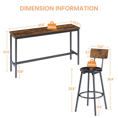 Long Bar Table Set with 3 PU Upholstered Bar Stools, Industrial Bar Table and Chairs for Kitchen Breakfast Table, Living image 4