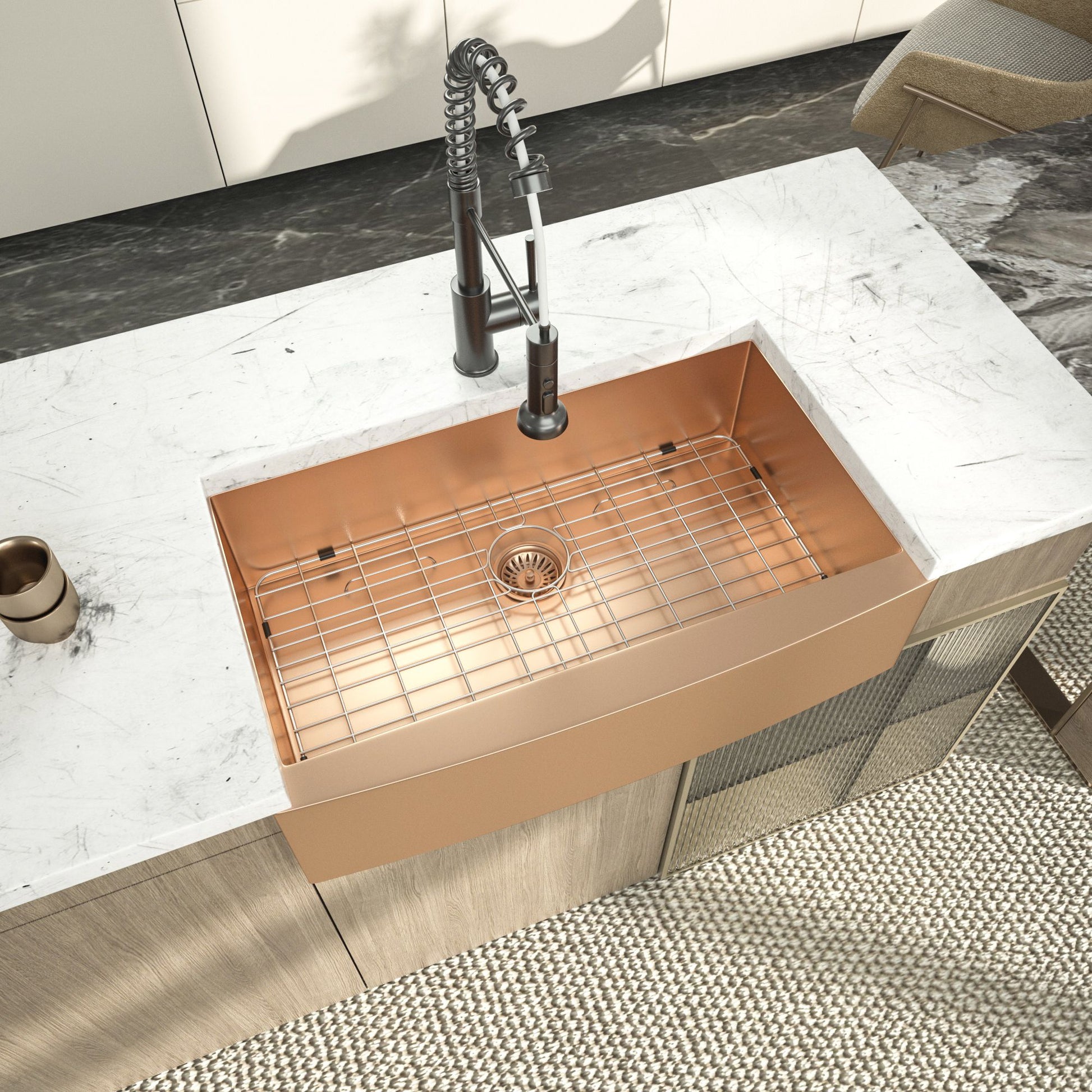 Lordear Gold Farmhouse Sink 16 Gauge Kitchen Sink Apron Front Single Bowl Rose Gold Stainless Steel Sink image 2
