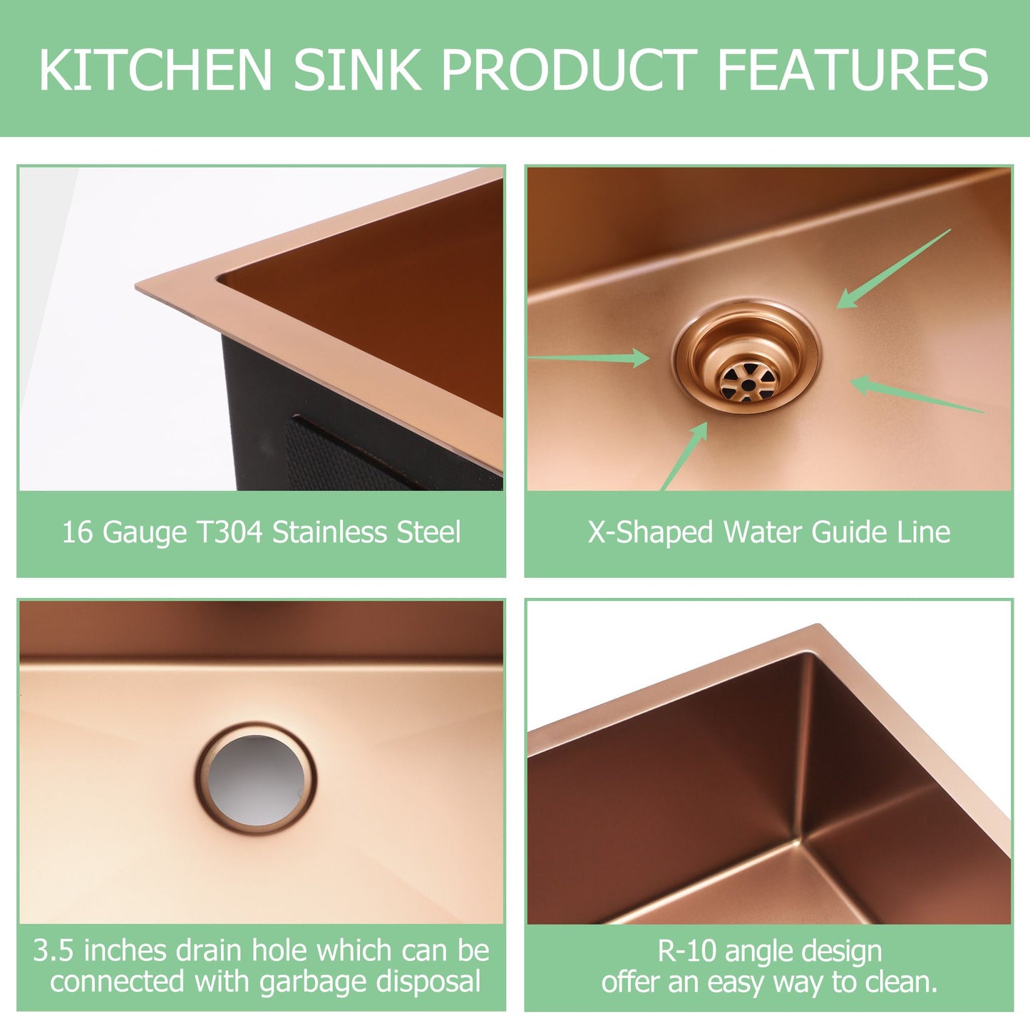 Lordear Gold Farmhouse Sink 16 Gauge Kitchen Sink Apron Front Single Bowl Rose Gold Stainless Steel Sink image 4