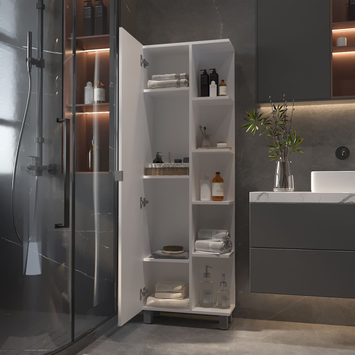 Los Angeles Linen Cabinet, Mirror, Five Shelves image 3