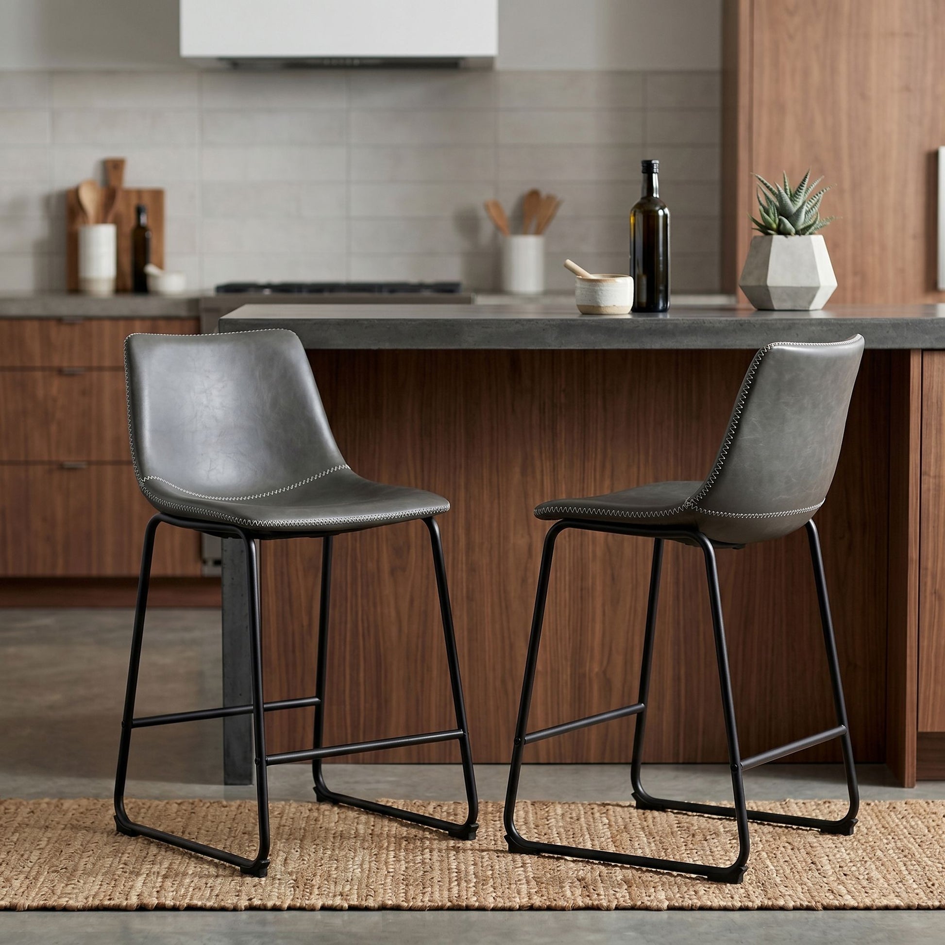 Lotusville Vintage PU Leather Counter Height Stools, Set of 2, Antique Grey image 1