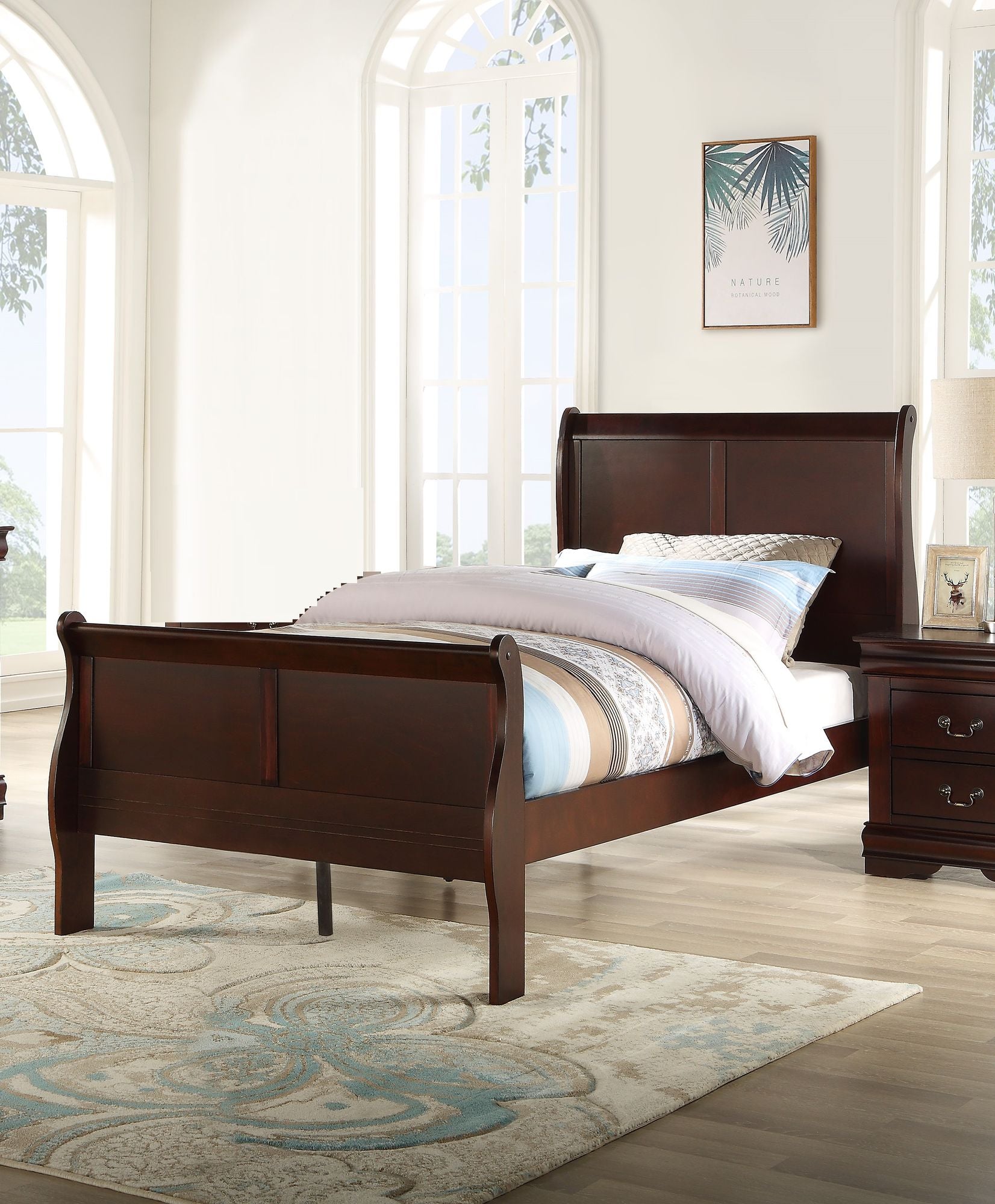 Louis Phillipe Brown Cherry Finish Twin Size Youth Panel Sleigh Bed Solid Wood Wooden Bedroom Furniture image 1