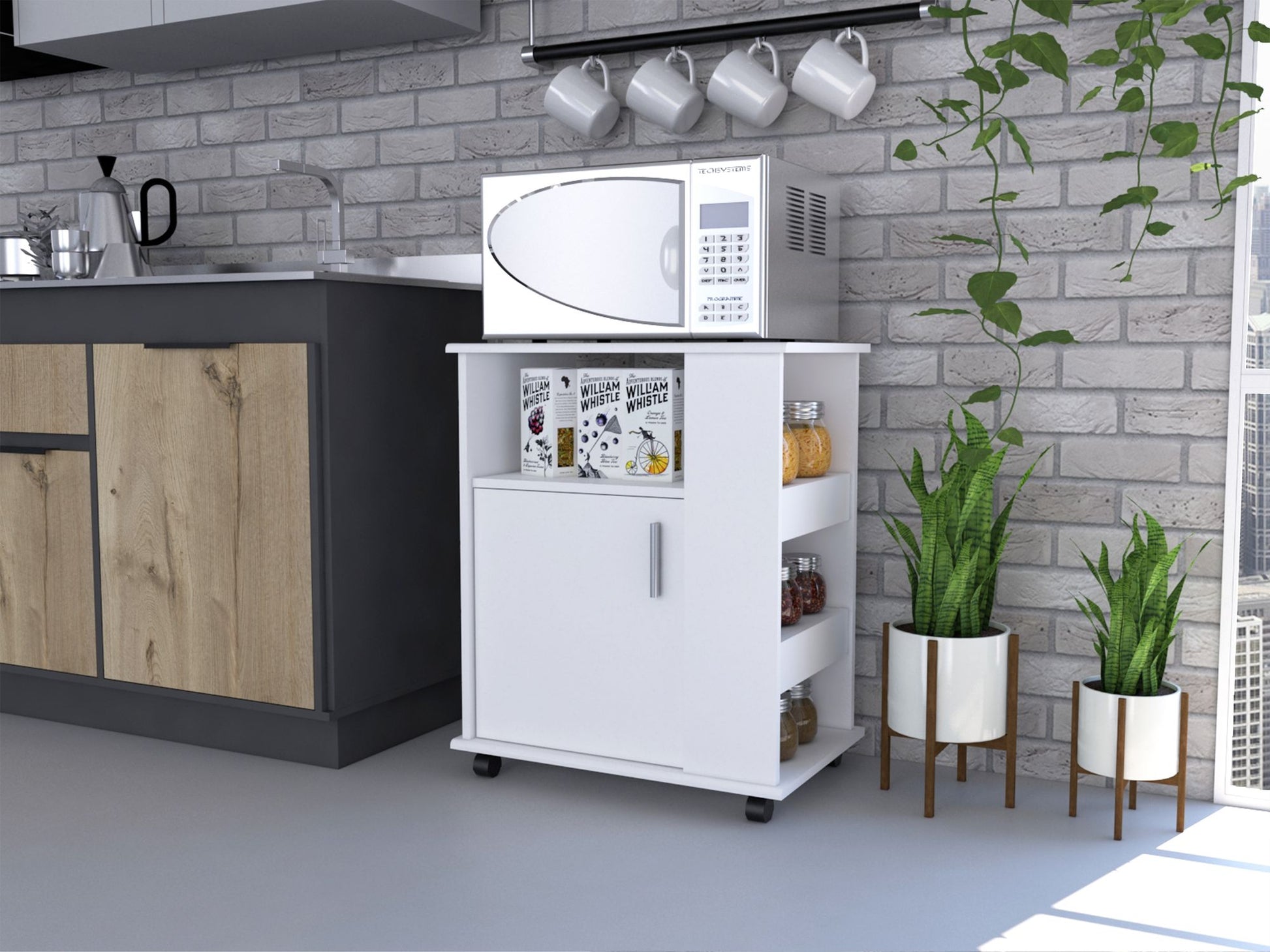 Lower Microwave Pantry 29" H, Single Door Cabinet, One Open Shelf, Three Side Shelves, White image 1