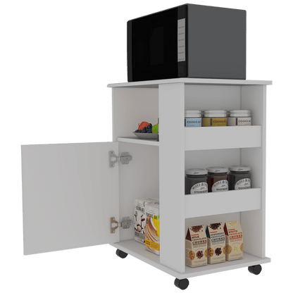 Lower Microwave Pantry 29" H, Single Door Cabinet, One Open Shelf, Three Side Shelves, White image 7