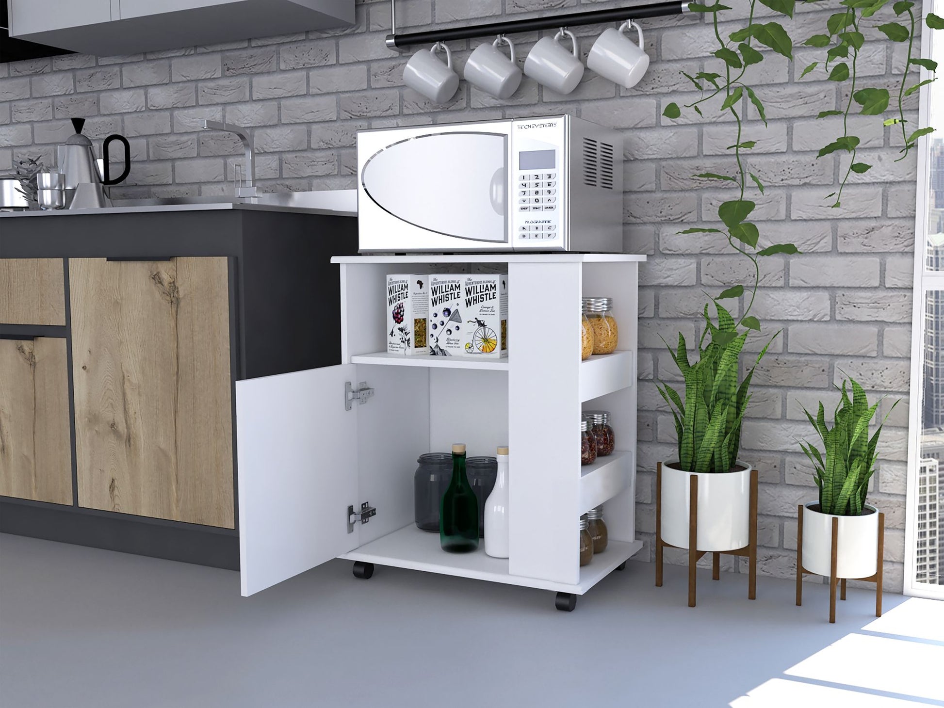 Lower Microwave Pantry 29" H, Single Door Cabinet, One Open Shelf, Three Side Shelves, White image 2