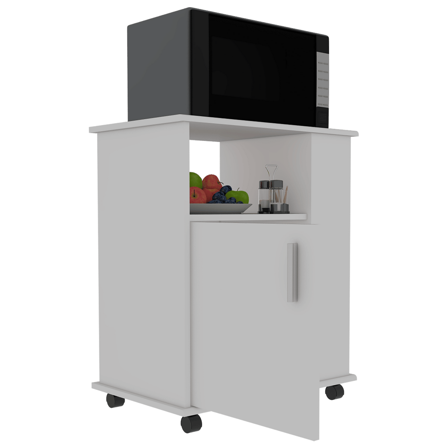 Lower Microwave Pantry 29" H, Single Door Cabinet, One Open Shelf, Three Side Shelves, White image 6