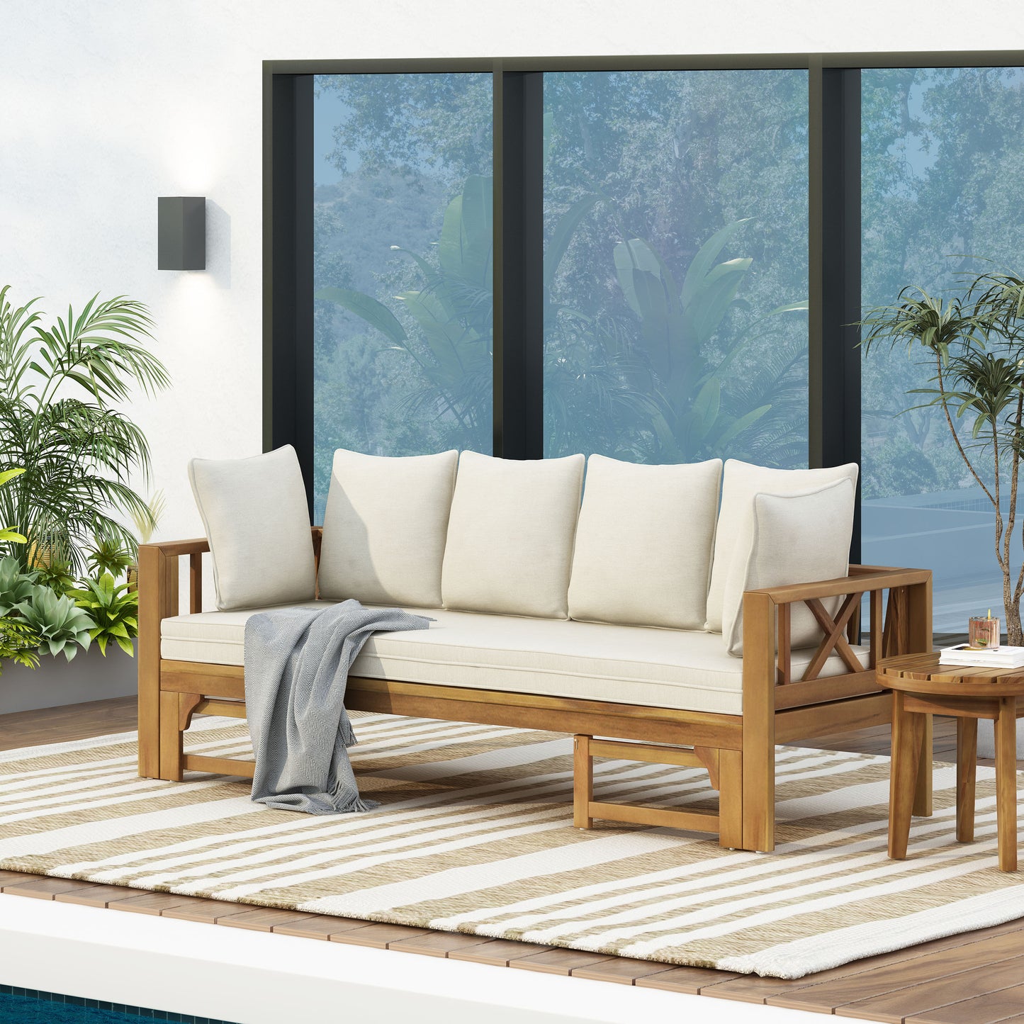 Outdoor Extendable Acacia Wood 3 Seater Sofa, Upholstered Cushion Couch, Daybed Sofa Chair, Spacious Seating Lounge Chair, Patio Daybed Sofa for Garden Yard image 4